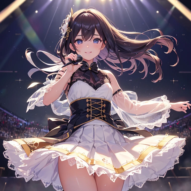 Idol,IDOL costumes,stage,live,crowd,background_Penlight,Hold the microphone,Singing passionately,Flying sweat,Heat,vapor,sing,from outside,((tiered layers skirt)),(((lace trimmed))),(((embroidery))),(((hair blowing in the wind))),((strong_wind)),(diffraction of light:1.2),(tyndall effect:1.2),(fuller lips:1.1),(beeline:1.3),(sense of depth:1.3),(highest quality:1.2),(32K:1.2),(HDR1.2),(Ultra-high resolution:1.2),(RAW:1.2),(masterpiece:1.2),(Intricate details:1.2),(Delicate and beautiful details:1.2),(Detailed eyes:1.1),(Detailed facial features:1.1),(glossy lips:1.1),(madeon:1.2),(perfect anatomy:1.1),(best illuminate:1.2),(cinematic shadows:1.2),(absolutely resolution:1.1),(incredibly absurdres:1.1),(highres:1.1),(refraction:1.3),(ultra detailed:1.1),(smile:1.3),