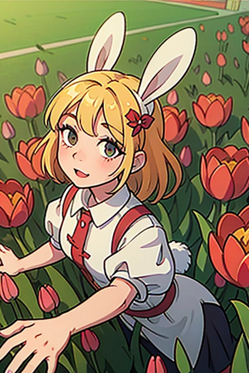 Bunny on the field full of tulips, high detailed