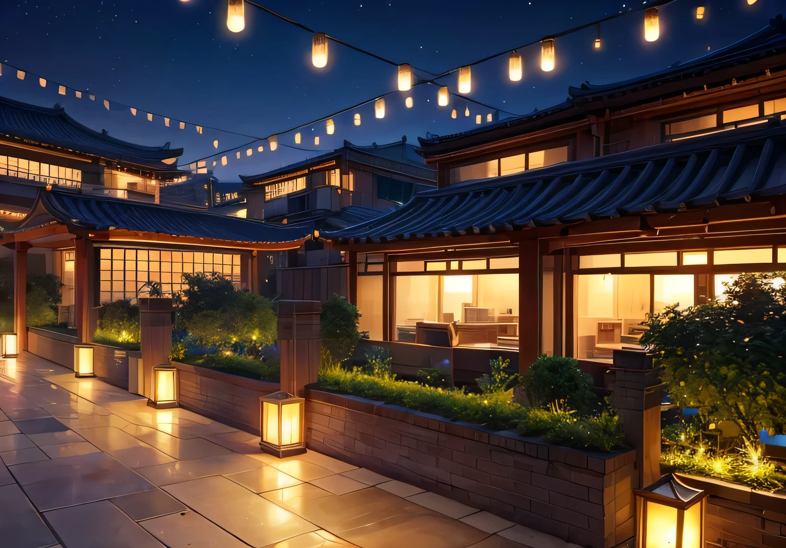 An urban rooftop garden，Nightfall，The twinkling city lights illuminate the surrounding buildings，Soft fluorescent lanterns hang from tree branches。