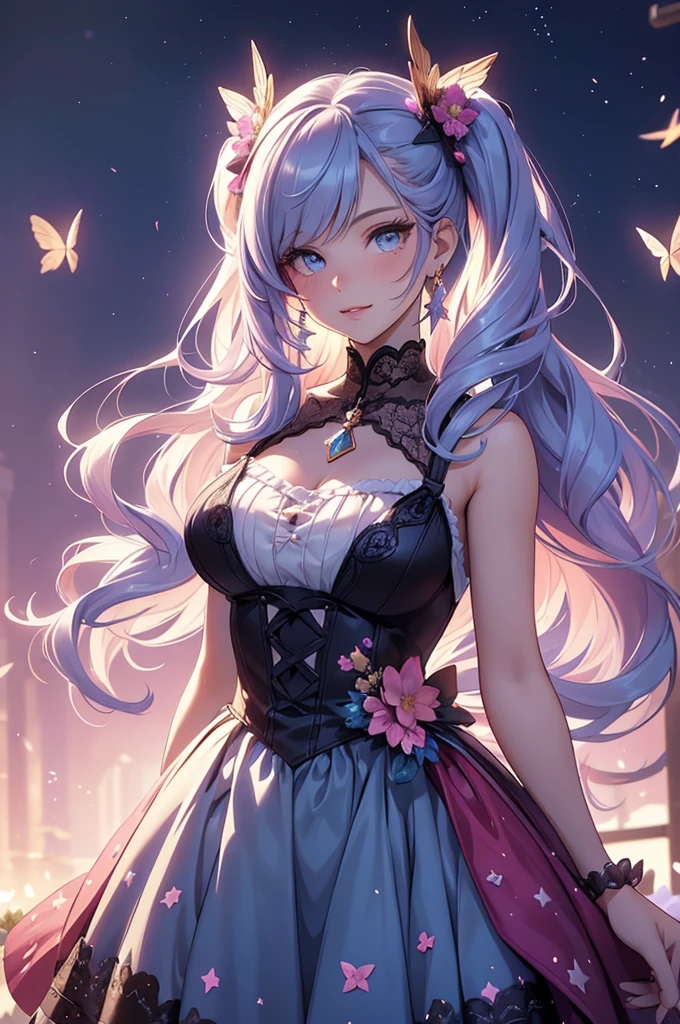 (best quality,4k,8k,highres,masterpiece:1.2),ultra-detailed,(realistic,photorealistic,photo-realistic:1.37),acrylic painting,beautiful American model in a  dress with downy hair,beautiful American model with extremely colorful hair and detailed facial features,beautiful American model standing in a beautiful garden surrounded by a starry sky,beautiful American model wearing a vibrant Lolita,beautiful American model with intricate accessories and a matching hat,beautiful American model posing gracefully with her hands on her hips,beautiful American model with long flowing twintails,beautiful American model with bright blue eyes and rosy lips,beautiful American model with a joyful expression,beautiful American model in a dynamic pose with cherry blossoms falling around her,beautiful American model surrounded by colorful flowers and butterflies,tiful American model's dress adorned with cute bows and lace details,beautiful American model with an enchanting smile,beautiful American model with soft, pastel-colored shading,beautiful American model with a magical glow illuminating her,beautiful American model in a picturesque setting with a winding path leading to a magnificent castle,beautiful American model holding a microphone and singing passionately,beautiful American model with a fairytale-like background,beautiful American model with a soft, dreamy atmosphere,beautiful American model with a subtle bokeh effect,beautiful American model standing under a moonlit sky,beautiful American model with a warm, golden sunset in the background,beautiful American model surrounded by twinkling stars olorful nebulae,creating an ethereal and captivating artistic masterpiece. 