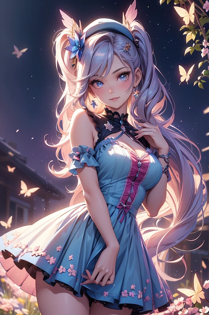 (best quality,4k,8k,highres,masterpiece:1.2),ultra-detailed,(realistic,photorealistic,photo-realistic:1.37),acrylic painting,beautiful American model in a ta dress with downy hair,beautiful American model with extremely colorful hair and detailed facial features,beautiful American model standing in a beautiful garden surrounded by a starry sky,beautiful American model wearing a vibrant Loliress,beautiful American model with intricate accessories and a matching hat,beautiful American model posing gracefully with her hands on her hips,beautiful American model with long flowing twintails,beautiful American model with bright blue eyes and rosy lips,beautiful American model with a joyful expression,beautiful American model in a dynamic pose with cherry blossoms falling around her,beautiful American model surrounded by colorful flowers and butterflies,beautiful American model's dress adorned with cute bows and lace details,beautiful American model with an enchanting smile,beautiful American model with soft, pastel-colored shading,beautiful American model with a magical glow illuminating her,beautiful American model in a picturesque setting with a winding path leading to a magnificent castle,beautiful American model holding a microphone and singing passionately,beautiful American model with a fairytale-like background,beautiful American model with a soft, dreamy atmosphere,beautiful American model with a subtle bokeh effect,beautiful American model standing under a moonlit sky,beautiful American model with a warm, golden sunset in the background,beautiful American model surrounded by twinkling stars and colorful nebulae,creating an ethereal and captivating artistic masterpiece.