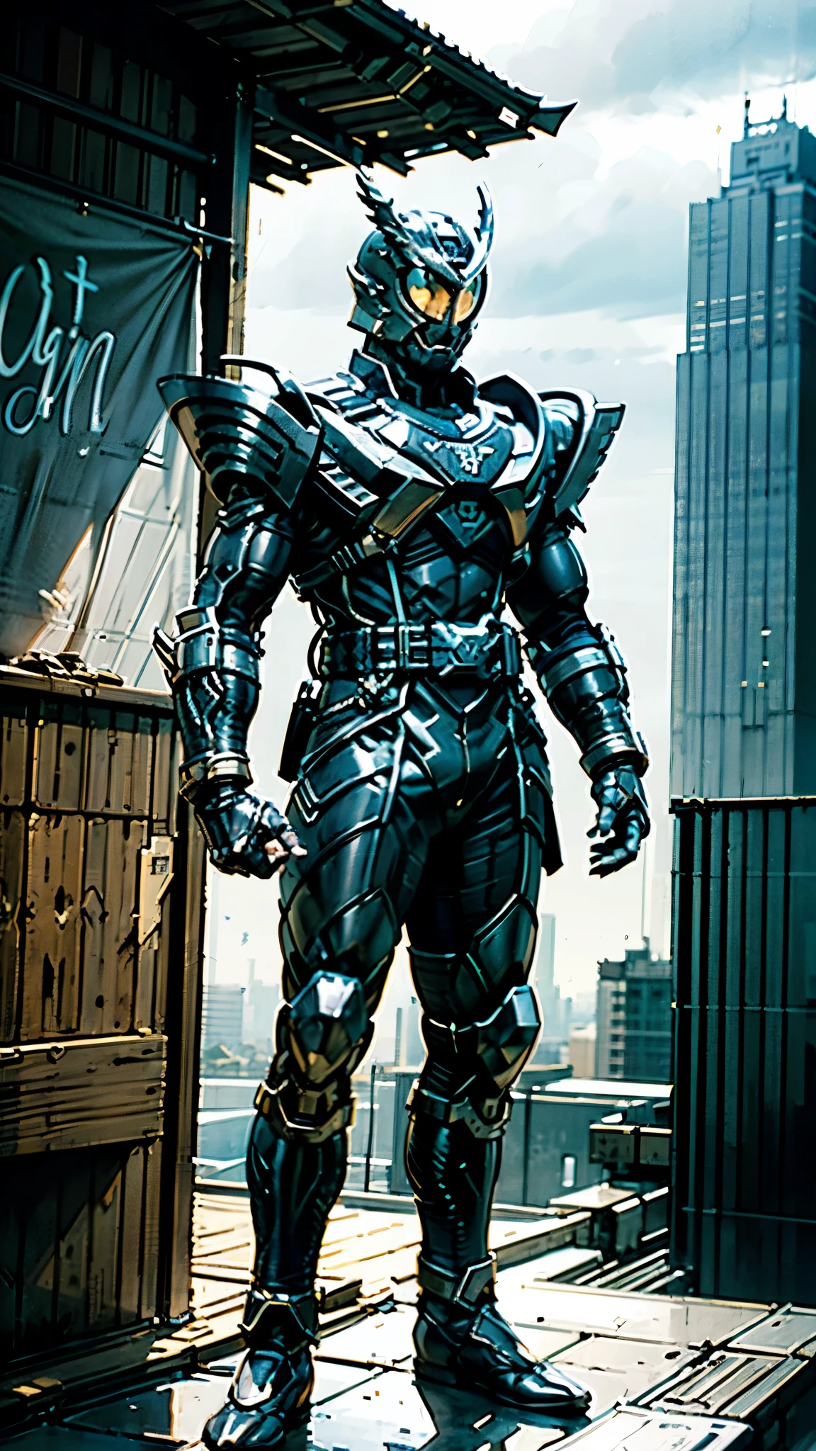A man wearing a full-face helmet, a fantasy-style biomecha armored combat suit, green eyes, a composite layered chest armor, fully enclosed shoulder guards, matching arm and leg guards, the belt is adorned with dragon claw grasping orbs, primarily black with red accents, the design balances heavy with agility, a high-tech biological armor, concept inspired by dragons, stands on the skyscraper of a futuristic high-tech city, this character embodies a finely crafted fantasy-surreal style armored hero in anime style, exquisite and mature manga art style, ((male:1.5)), metallic, real texture material, dramatic, high definition, best quality, highres, ultra-detailed, ultra-fine painting, extremely delicate, professional, perfect body proportions, golden ratio, anatomically correct, symmetrical face, extremely detailed eyes and face, high quality eyes, creativity, RAW photo, UHD, 32k, Natural light, cinematic lighting, masterpiece-anatomy-perfect, masterpiece:1.5