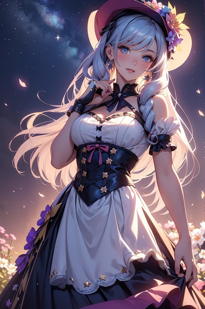 (best quality,4k,8k,highres,masterpiece:1.2),ultra-detailed,(realistic,photorealistic,photo-realistic:1.37),acrylic painting,beautiful American model in a Lolita dress with downy hair,beautiful American model with extremely colorful hair and detailed facial features,beautiful American model standing in a beautiful garden surrounded by a starry sky,beautiful American model wearing a vibrant Lolita dress,beautiful American model with intricate accessories and a matching hat,beautiful American model posing gracefully with her hands on her hips,beautiful American model with long flowing twintails,beautiful American model with bright blue eyes and rosy lips,beautiful American model with a joyful expression,beautiful American model in a dynamic pose with cherry blossoms falling around her,beautiful American model surrounded by colorful flowers and butterflies,beautiful American model's dress adorned with cute bows and lace details,beautiful American model with an enchanting smile,beautiful American model with soft, pastel-colored shading,beautiful American model with a magical glow illuminating her,beautiful American model in a picturesque setting with a winding path leading to a magnificent castle,beautiful American model holding a microphone and singing passionately,beautiful American model with a fairytale-like background,beautiful American model with a soft, dreamy atmosphere,beautiful American model with a subtle bokeh effect,beautiful American model standing under a moonlit sky,beautiful American model with a warm, golden sunset in the background,beautiful American model surrounded by twinkling stars and colorful nebulae,creating an ethereal and captivating artistic masterpiece. 