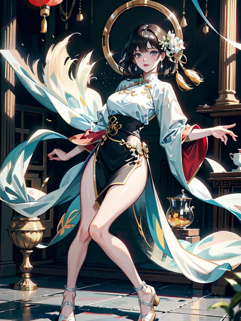 absurdres, RAW photo, extremely delicate and beautiful, masterpiece, Best Quality, ultra high resolution, 32k, hyperrealistic, ultra-detailed, detailed description, pale skin, 20 years old, detailed beautiful face and eyes, tearful mole, earring, very huge round breasts, short medium hair, wavy hair, (full body shot), jewelry, skirt, hair adornments, Chinese clothes, sheer transparent clothes,