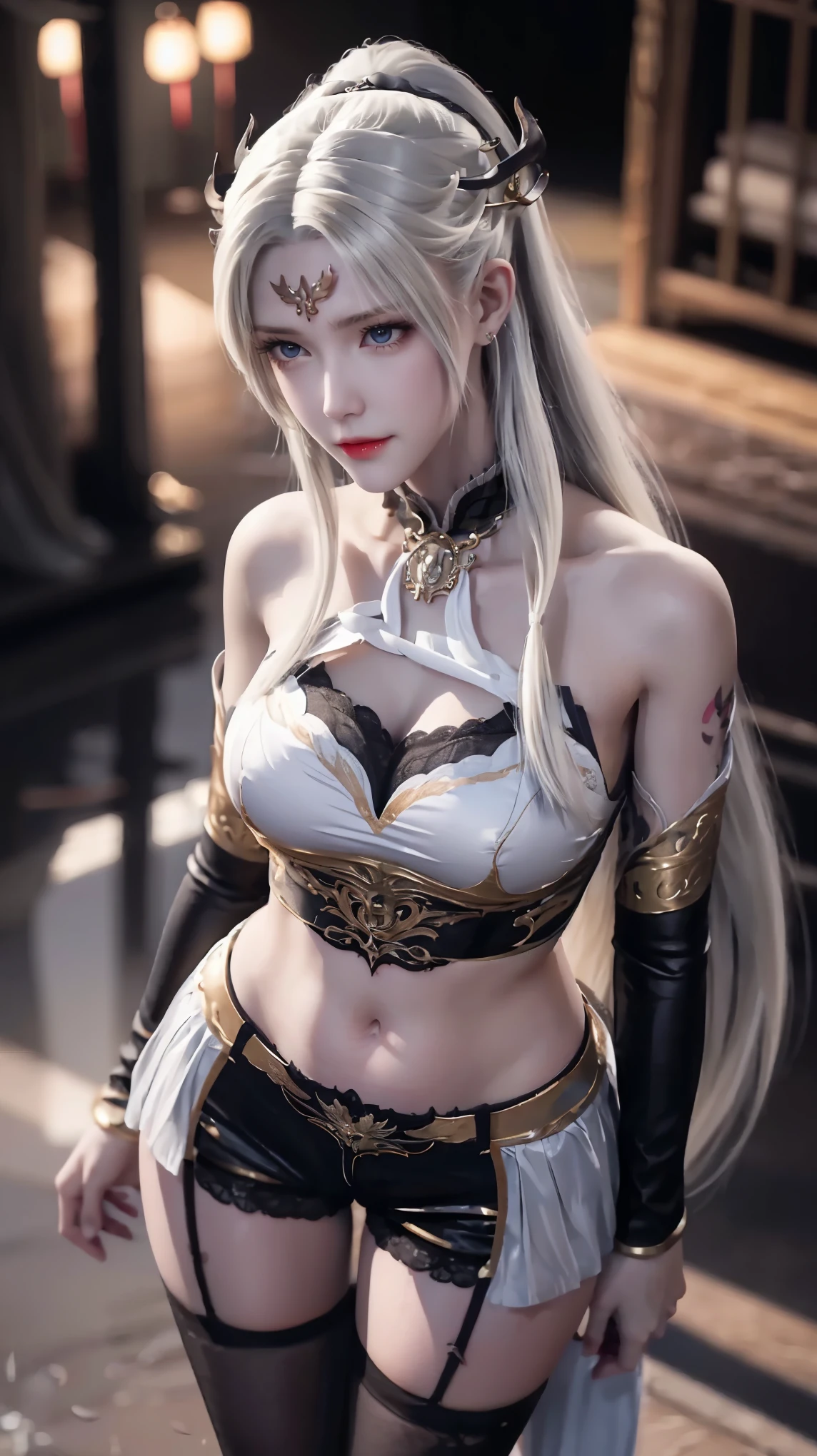 ((best quality, 8k, masterpiece:1.3)), important: 1.2, Perfect body beauty: 1.4, Hips: 1.2, ((Layered Hairstyle, Chest: 1.2)), (Wet clothes: 1.1), (rain, street:1.3), Tube Top Dress: 1.1, Highly detailed face and skin texture, Squinting, Double eyelids, whiten skin, Long hair, (shut up: 1.3), Smiling white-haired girl, High Ponytail发型, Sports Tops, Oversized bust, Succubus, (((Succubus tattoo on lower abdomen))), Transparent Super Skinny Low Rise Bow Pants, (((ultra-low waist))), Full body image, Sexy girl, Sexy, Happy laughter, Shy, (((Showing belly))), Express, There is a heart in the eyes, (Detailed drawing of eyes), Sexy Long legs, Thin waist, Sweat is running down my waist, (Showing belly), ((Succubus tattoo extreme detail portrayal))), , Front squat, Dark lock method, Asymmetrical bangs, Transparent clothes, Hands on thighs, Look away, 8k resolution, Missed ionary, Raise an eyebrow, Shiny hair, Flower head, Wristband, White hair bandage、Close-up of 错过 wearing white mask, Beautiful character painting, guweiz, Gurwitz-style artwork, White-haired god, author：Yang Jie, Epic and beautiful character art, Stunning character art, author：Fan Qi, by Wuzhun Shifan, pixiv art station street guweiz, Single ponytail, insult, High Ponytail, Tall and big, Long legs, (Sleeveless lace shirt), (shorts), (Striped )), ((Striped )), Walk,