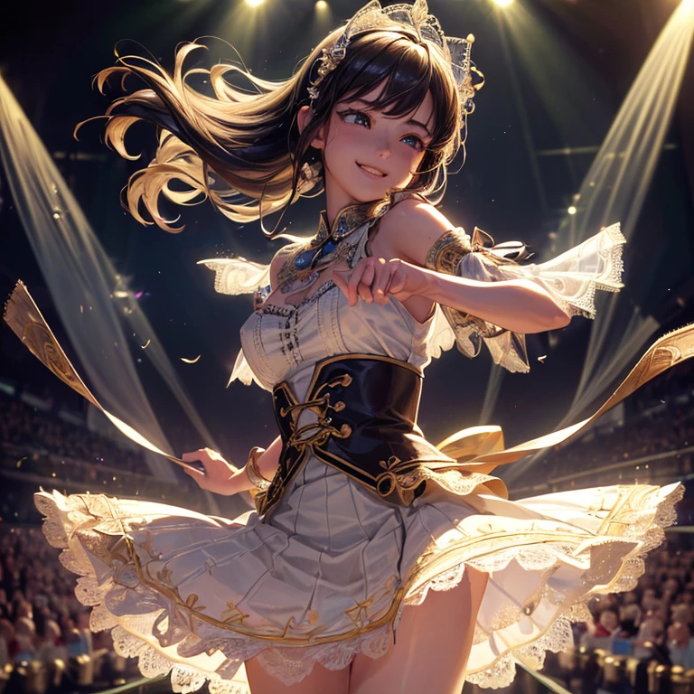 Idol,IDOL costumes,stage,live,crowd,background_Penlight,Hold the microphone,Singing passionately,Flying sweat,Heat,vapor,sing,from outside,((tiered layers skirt)),(((lace trimmed))),(((embroidery))),(((hair blowing in the wind))),((strong_wind)),(diffraction of light:1.2),(tyndall effect:1.2),(fuller lips:1.1),(beeline:1.3),(sense of depth:1.3),(highest quality:1.2),(32K:1.2),(HDR1.2),(Ultra-high resolution:1.2),(RAW:1.2),(masterpiece:1.2),(Intricate details:1.2),(Delicate and beautiful details:1.2),(Detailed eyes:1.1),(Detailed facial features:1.1),(glossy lips:1.1),(madeon:1.2),(perfect anatomy:1.1),(best illuminate:1.2),(cinematic shadows:1.2),(absolutely resolution:1.1),(incredibly absurdres:1.1),(highres:1.1),(refraction:1.3),(ultra detailed:1.1),(smile:1.3),