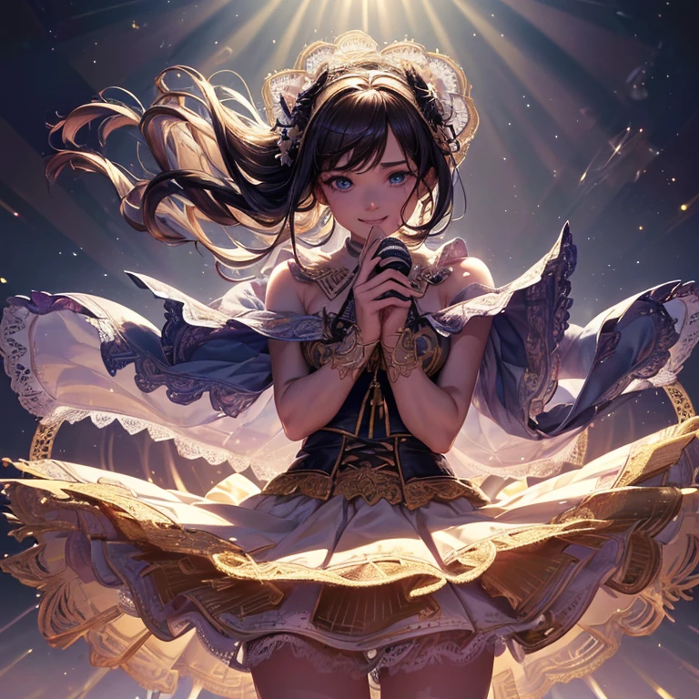 Idol,IDOL costumes,stage,live,crowd,background_Penlight,Hold the microphone,Singing passionately,Flying sweat,Heat,vapor,sing,from outside,((tiered layers skirt)),(((lace trimmed))),(((embroidery))),(((hair blowing in the wind))),((strong_wind)),(diffraction of light:1.2),(tyndall effect:1.2),(fuller lips:1.1),(beeline:1.3),(sense of depth:1.3),(highest quality:1.2),(32K:1.2),(HDR1.2),(Ultra-high resolution:1.2),(RAW:1.2),(masterpiece:1.2),(Intricate details:1.2),(Delicate and beautiful details:1.2),(Detailed eyes:1.1),(Detailed facial features:1.1),(glossy lips:1.1),(madeon:1.2),(perfect anatomy:1.1),(best illuminate:1.2),(cinematic shadows:1.2),(absolutely resolution:1.1),(incredibly absurdres:1.1),(highres:1.1),(refraction:1.3),(ultra detailed:1.1),(smile:1.3),