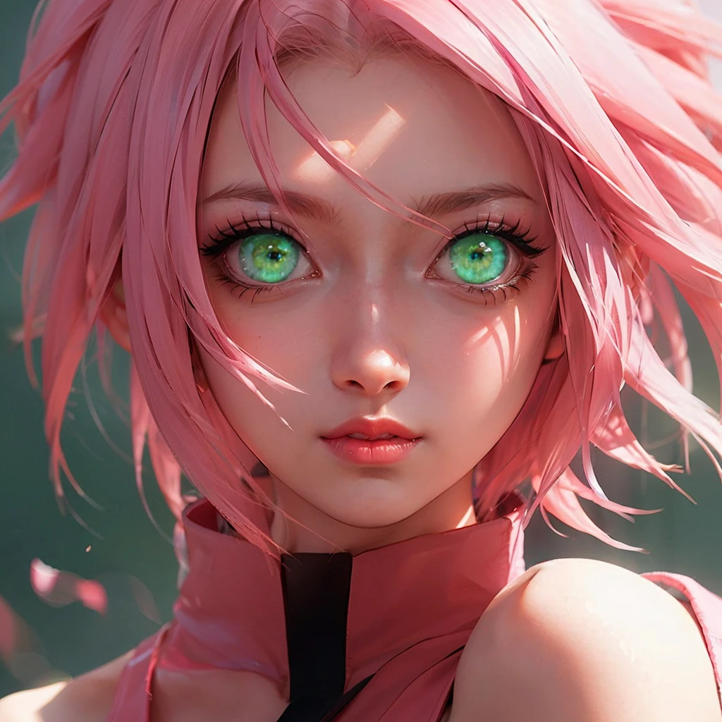 young woman, short shoulder-length pink hair, wide forehead, porcelain skin, pink eyebrows, big emerald green eyes, buttoned nose, full lips, heart-shaped face, slender body, small breasts, red tank top, Sakura Haruno , realistic, realism, details, 3d, well detailed
