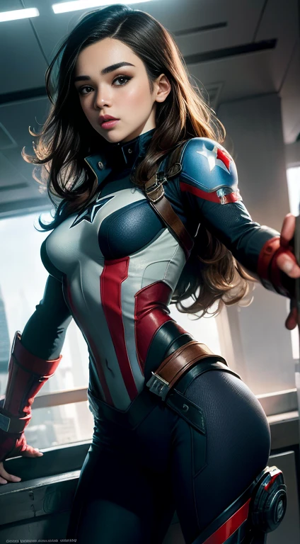 Hailee Steinfeld plays Captain America,skyscrapper,(Inspired by Mass Effect, small underwear,Security level,small breast, small side hips,(8K,photo RAW,Fotorrealista:1,25),(Excessive lip gloss,Very many eyelashes,best qualityer,Ultra-high resolution,depth of fields,color difference,Wide light,natural color,Distant pictures(1:2)