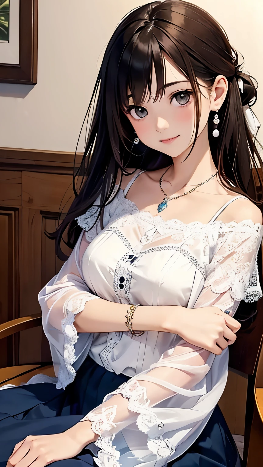 highest quality、High resolution、Detailed Background、Beautiful and dense face、Beautiful, smooth skin、Skin Texture、cute10代の美少女、Realistic、Perfect body line、ponytail、cute髪型、Calm atmosphere、
Happy expression、smile、Laughter、sexual expression、Upper Body、Tea time at the cafe、small breasts,
Choose white or pastel colors for your lace tops and flared skirts....、Sandals or heels、
If your lace top is see-through, You can also wear it with a camisole underneath for an elegant look..。..、
Choose a lace blouse in a soft color、Add some feminine movement with a pleated skirt.、
Adding lace to the sleeves and collar of the blouse makes it even more cute.、
Choose a colorful lace camisole、Add elegance with a midi skirt、cute、Simple and elegant pearl earrings、delicate chain necklace、
An elegant and sophisticated watch、It&#39;s best to choose a design that suits your taste and style....、Leather Belt, Metal Belt、
A simple bracelet that looks great on your wrist、Thin chain and simple design、Thin ring on fingertip、Pay attention to proper balance and layering、cute日本人,