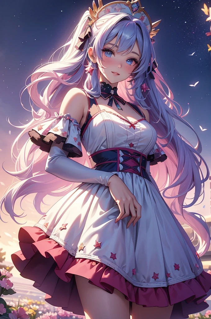 (best quality,4k,8k,highres,masterpiece:1.2),ultra-detailed,(realistic,photorealistic,photo-realistic:1.37),acrylic painting,beautiful American model in a Lolita dress with downy hair,beautiful American model with extremely colorful hair and detailed facial features,beautiful American model standing in a beautiful garden surrounded by a starry sky,beautiful American model wearing a vibrant Lolita dress,beautiful American model with intricate accessories and a matching hat,beautiful American model posing gracefully with her hands on her hips,beautiful American model with long flowing twintails,beautiful American model with bright blue eyes and rosy lips,beautiful American model with a joyful expression,beautiful American model in a dynamic pose with cherry blossoms falling around her,beautiful American model surrounded by colorful flowers and butterflies,beautiful American model's dress adorned with cute bows and lace details,beautiful American model with an enchanting smile,beautiful American model with soft, pastel-colored shading,beautiful American model with a magical glow illuminating her,beautiful American model in a picturesque setting with a winding path leading to a magnificent castle,beautiful American model holding a microphone and singing passionately,beautiful American model with a fairytale-like background,beautiful American model with a soft, dreamy atmosphere,beautiful American model with a subtle bokeh effect,beautiful American model standing under a moonlit sky,beautiful American model with a warm, golden sunset in the background,beautiful American model surrounded by twinkling stars and colorful nebulae,creating an ethereal and captivating artistic masterpiece.
