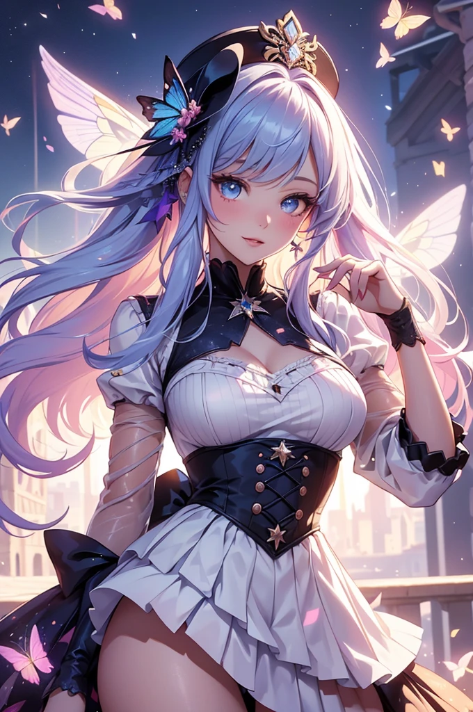 (best quality,4k,8k,highres,masterpiece:1.2),ultra-detailed,(realistic,photorealistic,photo-realistic:1.37),acrylic painting,beautiful American model in a Lolita dress with downy hair,beautiful American model with extremely colorful hair and detailed facial features,beautiful American model standing in a beautiful garden surrounded by a starry sky,beautiful American model wearing a vibrant Lolita dress,beautiful American model with intricate accessories and a matching hat,beautiful American model posing gracefully with her hands on her hips,beautiful American model with long flowing twintails,beautiful American model with bright blue eyes and rosy lips,beautiful American model with a joyful expression,beautiful American model in a dynamic pose with cherry blossoms falling around her,beautiful American model surrounded by colorful flowers and butterflies,beautiful American model's dress adorned with cute bows and lace details,beautiful American model with an enchanting smile,beautiful American model with soft, pastel-colored shading,beautiful American model with a magical glow illuminating her,beautiful American model in a picturesque setting with a winding path leading to a magnificent castle,beautiful American model holding a microphone and singing passionately,beautiful American model with a fairytale-like background,beautiful American model with a soft, dreamy atmosphere,beautiful American model with a subtle bokeh effect,beautiful American model standing under a moonlit sky,beautiful American model with a warm, golden sunset in the background,beautiful American model surrounded by twinkling stars and colorful nebulae,creating an ethereal and captivating artistic masterpiece.