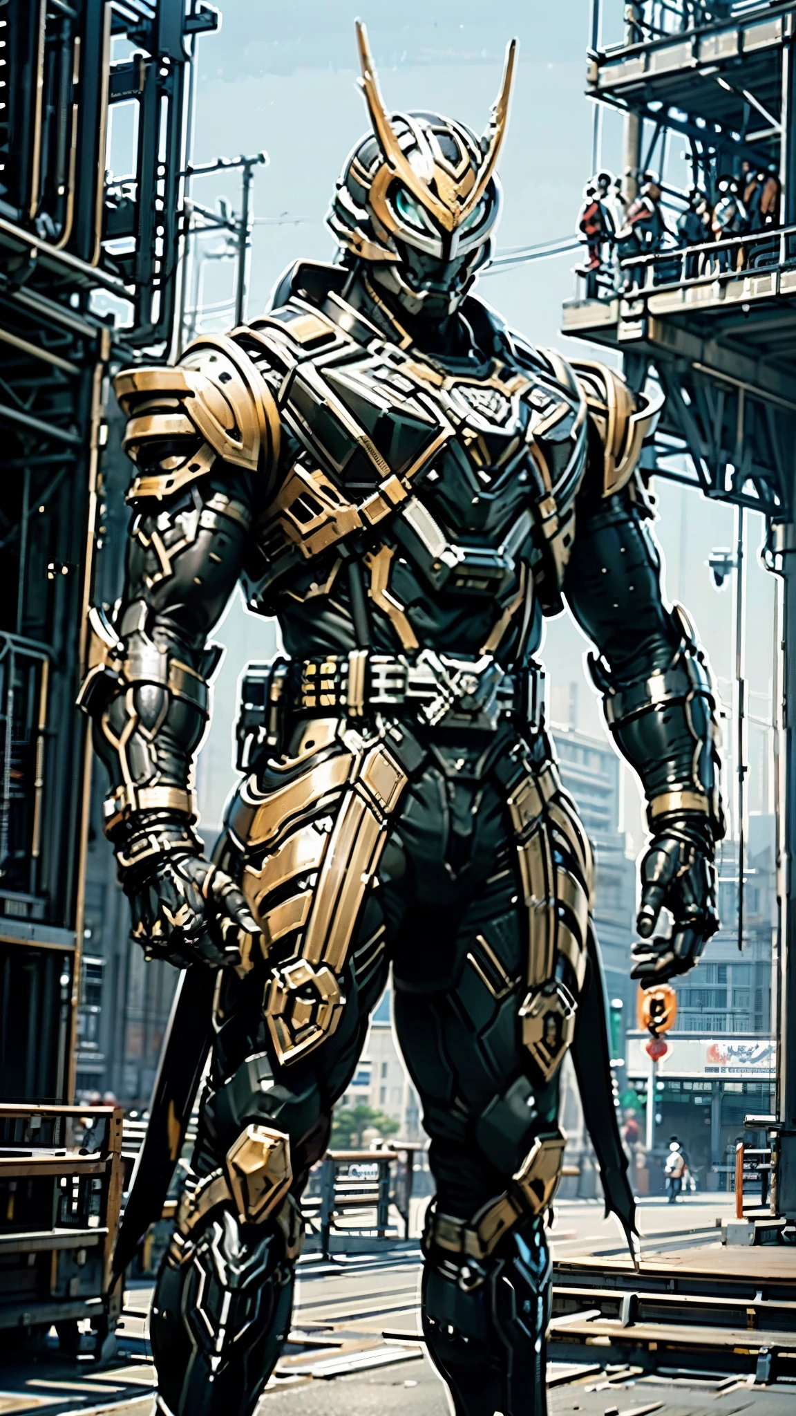 A man wearing a full-face helmet, a fantasy-style biomecha armored combat suit, green eyes, a composite layered chest armor, fully enclosed shoulder guards, matching arm and leg guards, the belt is adorned with dragon claw grasping orbs, primarily black with red accents, the design balances heavy with agility, a high-tech biological armor, concept inspired by dragons, stands on the skyscraper of a futuristic high-tech city, this character embodies a finely crafted fantasy-surreal style armored hero in anime style, exquisite and mature manga art style, ((male:1.5)), metallic, real texture material, dramatic, high definition, best quality, highres, ultra-detailed, ultra-fine painting, extremely delicate, professional, perfect body proportions, golden ratio, anatomically correct, symmetrical face, extremely detailed eyes and face, high quality eyes, creativity, RAW photo, UHD, 32k, Natural light, cinematic lighting, masterpiece-anatomy-perfect, masterpiece:1.5