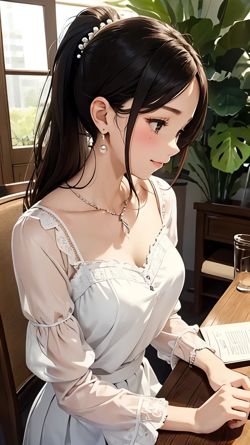 highest quality、High resolution、Detailed Background、Beautiful and dense face、Beautiful, smooth skin、Skin Texture、cute10代の美少女、Realistic、Perfect body line、ponytail、cute髪型、Calm atmosphere、 Happy expression、smile、Laughter、sexual expression、Upper Body、Tea time at the cafe、 Choose white or pastel colors for your lace tops and flared skirts....、Sandals or heels、 If your lace top is see-through, You can also wear it with a camisole underneath for an elegant look..。..、 Choose a lace blouse in a soft color、Add some feminine movement with a pleated skirt.、 Adding lace to the sleeves and collar of the blouse makes it even more cute.、 Choose a colorful lace camisole、Add elegance with a midi skirt、cute、Simple and elegant pearl earrings、delicate chain necklace、 An elegant and sophisticated watch、It&#39;s best to choose a design that suits your taste and style....、Leather Belt, Metal Belt、 A simple bracelet that looks great on your wrist、Thin chain and simple design、Thin ring on fingertip、Pay attention to proper balance and layering、cute日本人,