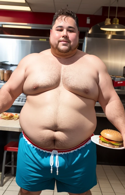 Only plump, chubby, extremely thick thighs, large belly, wearing only red swim trunks, 56 year old man working inside a cafeteria preparing burgers, serving burger to customer. He is holding a plate with a burger and fries.