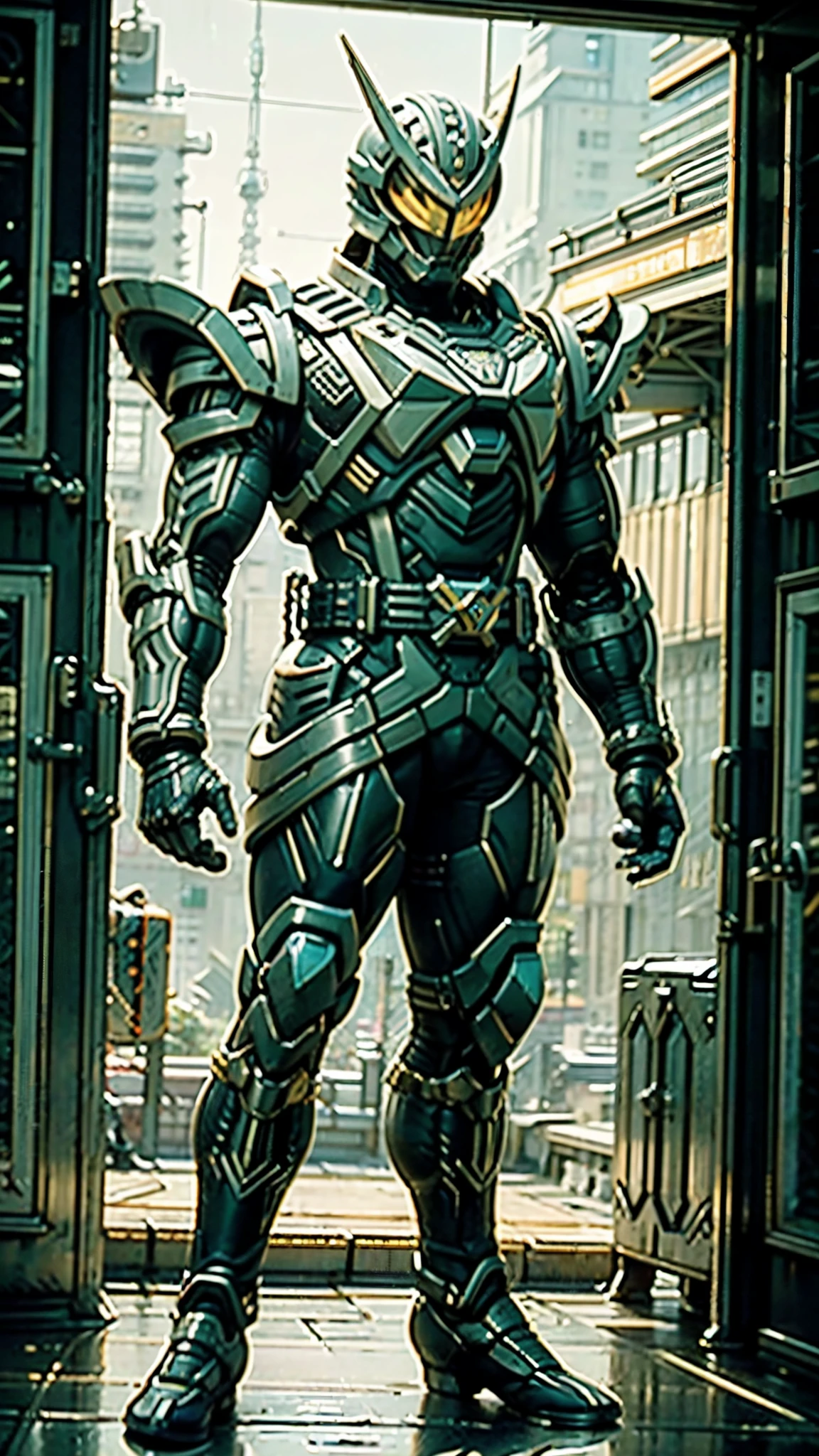 A man wearing a full-face helmet, a fantasy-style biomecha armored combat suit, green eyes, a composite layered chest armor, fully enclosed shoulder guards, matching arm and leg guards, the belt is adorned with dragon claw grasping orbs, primarily black with red accents, the design balances heavy with agility, a high-tech biological armor, concept inspired by dragons, stands on the skyscraper of a futuristic high-tech city, this character embodies a finely crafted fantasy-surreal style armored hero in anime style, exquisite and mature manga art style, ((male:1.5)), metallic, real texture material, dramatic, high definition, best quality, highres, ultra-detailed, ultra-fine painting, extremely delicate, professional, perfect body proportions, golden ratio, anatomically correct, symmetrical face, extremely detailed eyes and face, high quality eyes, creativity, RAW photo, UHD, 32k, Natural light, cinematic lighting, masterpiece-anatomy-perfect, masterpiece:1.5