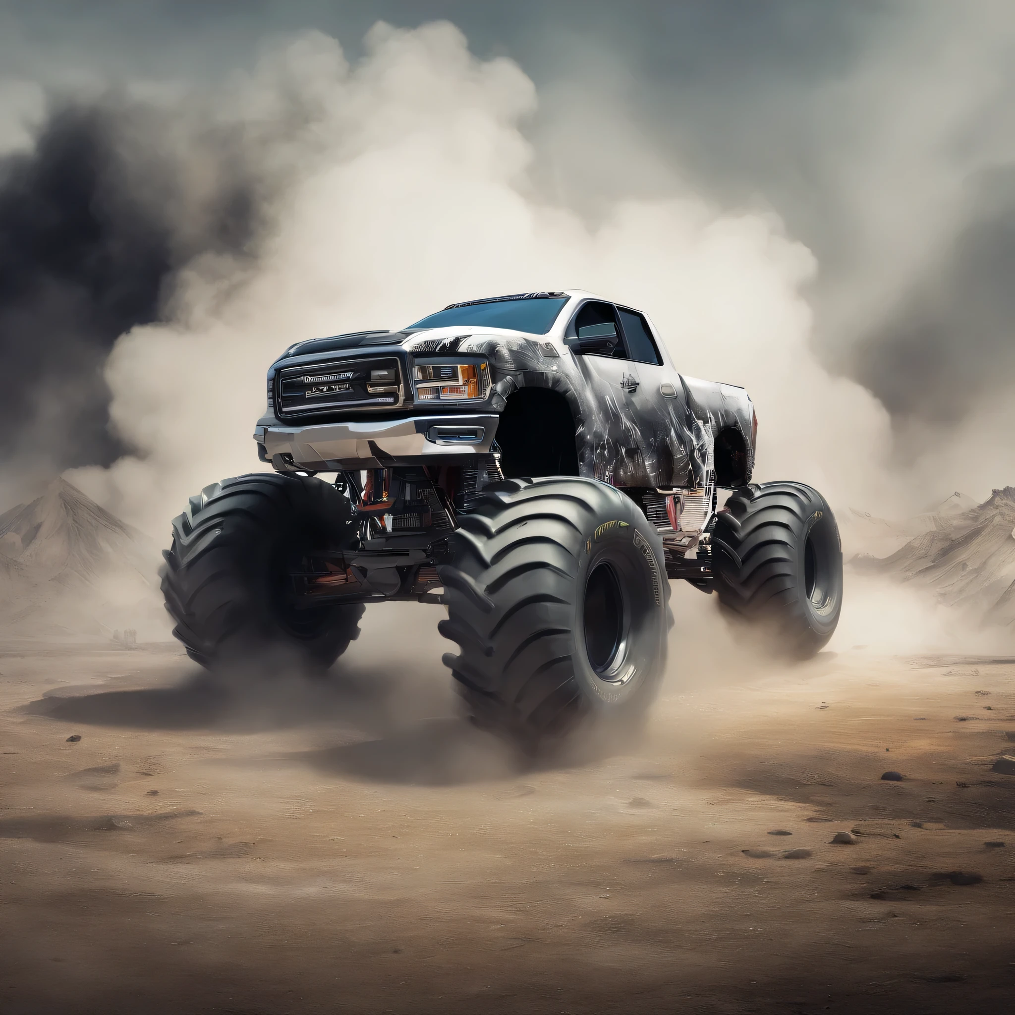 RC monster truck in the middle of a lot of smoke