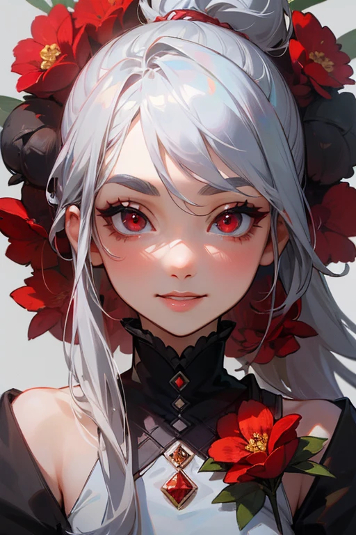 (highest quality, masterpiece:1.2), High resolution, 最高masterpiece、Very detailed, Realistic:1.37, Fantasy, An illustration,Gray Hair、 Red eyes、Queen, White Dress、Platinum decoration、beautifully、Eyeshadow Red、Thick eyebrows、Long eyelashes、pupils are black、shiny on the lips、Top Sites、Queen、Princess、ponytail、A kind smile、Show your teeth a little and smile、Soft impression、people々々Loved by、Slimming the face、Shoulder Bare、sexy、