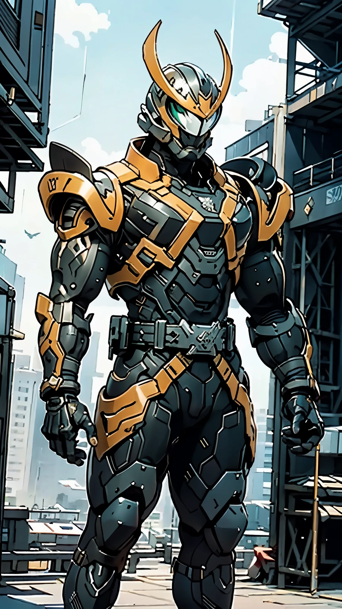 A man wearing a full-face helmet, a fantasy-style biomecha armored combat suit, green eyes, a composite layered chest armor, fully enclosed shoulder guards, matching arm and leg guards, the belt is adorned with dragon claw grasping orbs, primarily black with red accents, the design balances heavy with agility, a high-tech biological armor, concept inspired by dragons, stands on the skyscraper of a futuristic high-tech city, this character embodies a finely crafted fantasy-surreal style armored hero in anime style, exquisite and mature manga art style, ((male:1.5)), metallic, real texture material, dramatic, high definition, best quality, highres, ultra-detailed, ultra-fine painting, extremely delicate, professional, perfect body proportions, golden ratio, anatomically correct, symmetrical face, extremely detailed eyes and face, high quality eyes, creativity, RAW photo, UHD, 32k, Natural light, cinematic lighting, masterpiece-anatomy-perfect, masterpiece:1.5