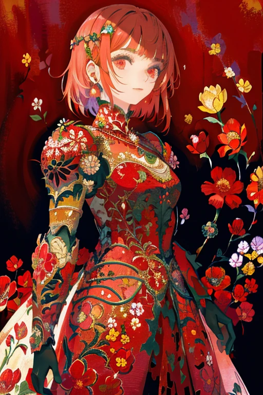 woman, flower dress, colorful, darl background,flower armor,red theme,