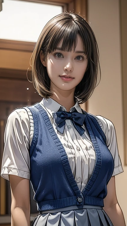 (masterpiece:1.2, highest quality), (Realistic, photoRealistic:1.4), Beautiful illustrations, (Natural Side Lighting, Cinema Lighting), Written boundary depth, 
Looking at the audience, (Face Focus, Upper Body), Front view, 1 girl, English, high school girl, , Perfect Face, Symmetrical cute face, Shiny skin, 
(Bob Hair:1.7,blonde), Asymmetrical bangs, Big eyes, Droopy eyes, long eyelashes chest), thin, 
Beautiful Hair, Beautiful Face, Beautiful and beautiful eyes, Beautiful clavicle, Beautiful body, Beautiful breasts, Beautiful thighs, Beautiful feet, Beautiful fingers, 
((High quality fabric, Brown knitted vest, Short sleeve white collar shirt, Navy Pleated Skirt, Navy bow tie)), 
(Beautiful views), evening, (Inside the flower shop), Are standing, (smile, wonderful, Open your mouth), (From below:1.5),(Poor horizon:1.5), (((Backlight))), (((soft, Saggy breasts:1.2)))