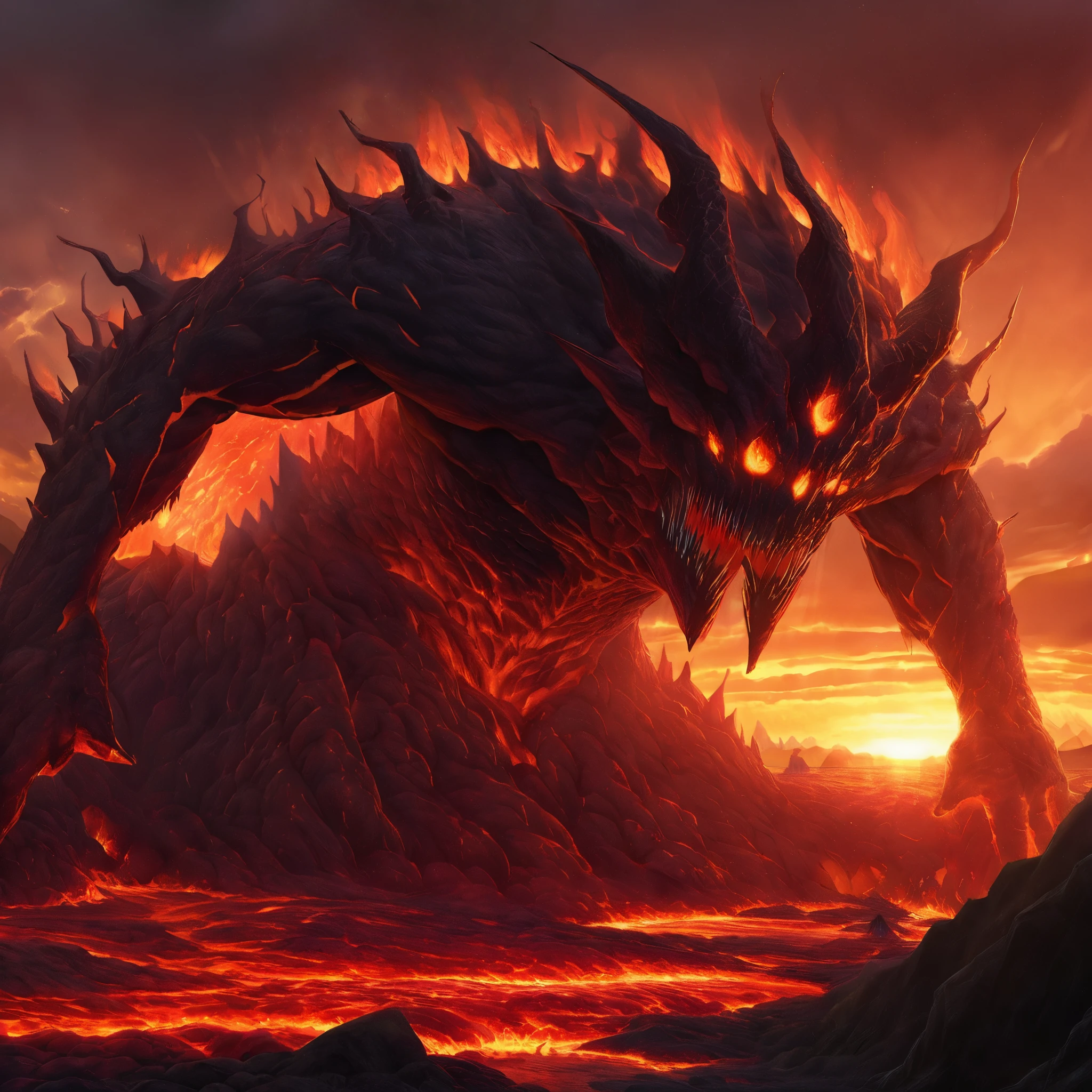 At dusk, with the lingering aftermath of a volcano, the scorching sun gradually sets in the west, and the final rays of the setting sun fall on the massive body of the lava demon. The lava demon stands by the cooled magma lake, its skin texture is clearly visible, and the traces of lava flow and cracks on its skin form a sharp contrast of light and shadow under the sunset. One side is illuminated by sunlight, with lava crystals shining with fiery light, while the other side is hidden in deep shadows, as if devouring all the light. At this moment, the lava demon lowered its head slightly, gazing at the rolling magma beneath its feet. Its muscles trembled slightly as it moved, and the lava flowed with it. The entire scene was filled with strong visual impact and realism, as if one could feel the majesty and terror of the lava demon. The scorching sun, setting sun, sunlight, shadows, the contrast between light and darkness, the contrast between light and shadow, the high light areas, dark surfaces, skin textures, traces of lava flow, cracks on the skin, lava crystals, microstructure, lava demon muscle movements, magma flow, rock fragmentation, volcanic aftershocks, cooling magma lakes, lava demon movements, lava flow and changes, and muscle movements. Authenticity, physical interaction with the environment, visual impact, realism