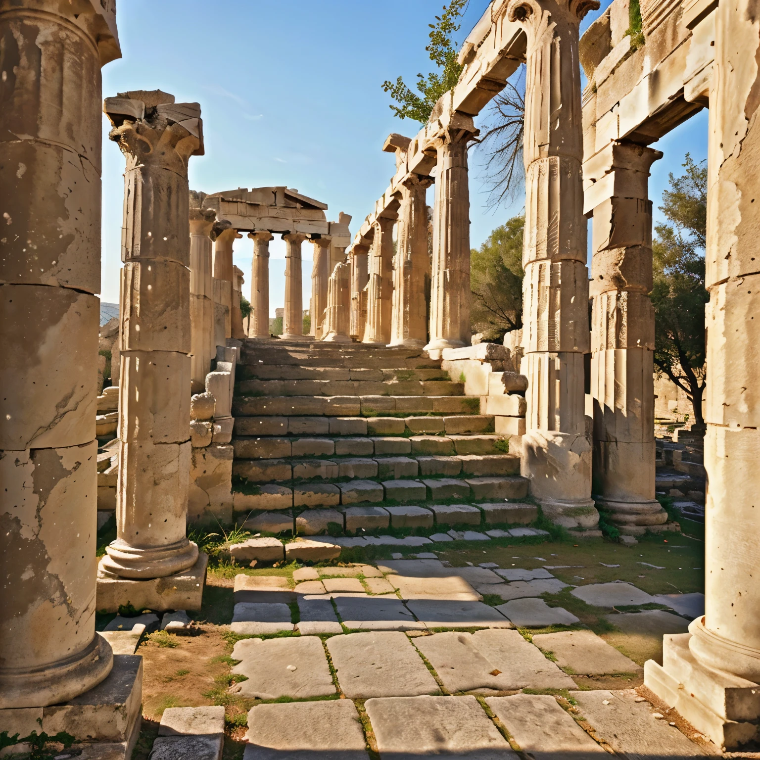 a view of a row of columns in a park with trees, inside ancient greek ruins, greek-esque columns and ruins, ancient greek ruins, ancient greek city, ancient greek temple ruins, huge greek columns, ancient city ruins, roman columns, at an ancient city, giant greek columns, roman pillars, many columns, in ruined agora of athens, ruins around, sun setting, golden hour, hidden stairwell, mythical, hera, greek gods, ancient greece, ubisoft, assassins creed odyssey