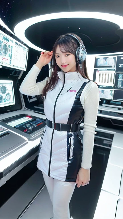masterpiece:1.4, masterpiece,best quality,1girl,BREAK (portrait shot):100,(lower body):100,BREAK one girl in ((20yr old)), instagrammer pose,idol girl, dynamic pose,(astrovest):2,floating:20,jumping:20,(white shiny downves):5,(white puffer vest):5,(black tights),(black long sleeves):2,black belt ,smartwatch,huge breast,wears a tight futuristic latex silver and black and white bodysuit,(white boots),astrovest, de pele branca,beautiful face ,smile,japanese girl,dark brown
hair,huge-breasted, long hair, Perfect model body, Blue eyes:1.4, Wearing headphones, Flirting, Happy, Looking out the window of the futuristic sci-fi space station,While admiring the beautiful galaxy:1.2, BREAK SF control room on night background:1.1, Neon and energetic atmosphere:1.2 ((Galaxy)) ,((Solo:1.6)),futuristic space station background,inside space craft,Futuristic room,neotech,JeeSoo