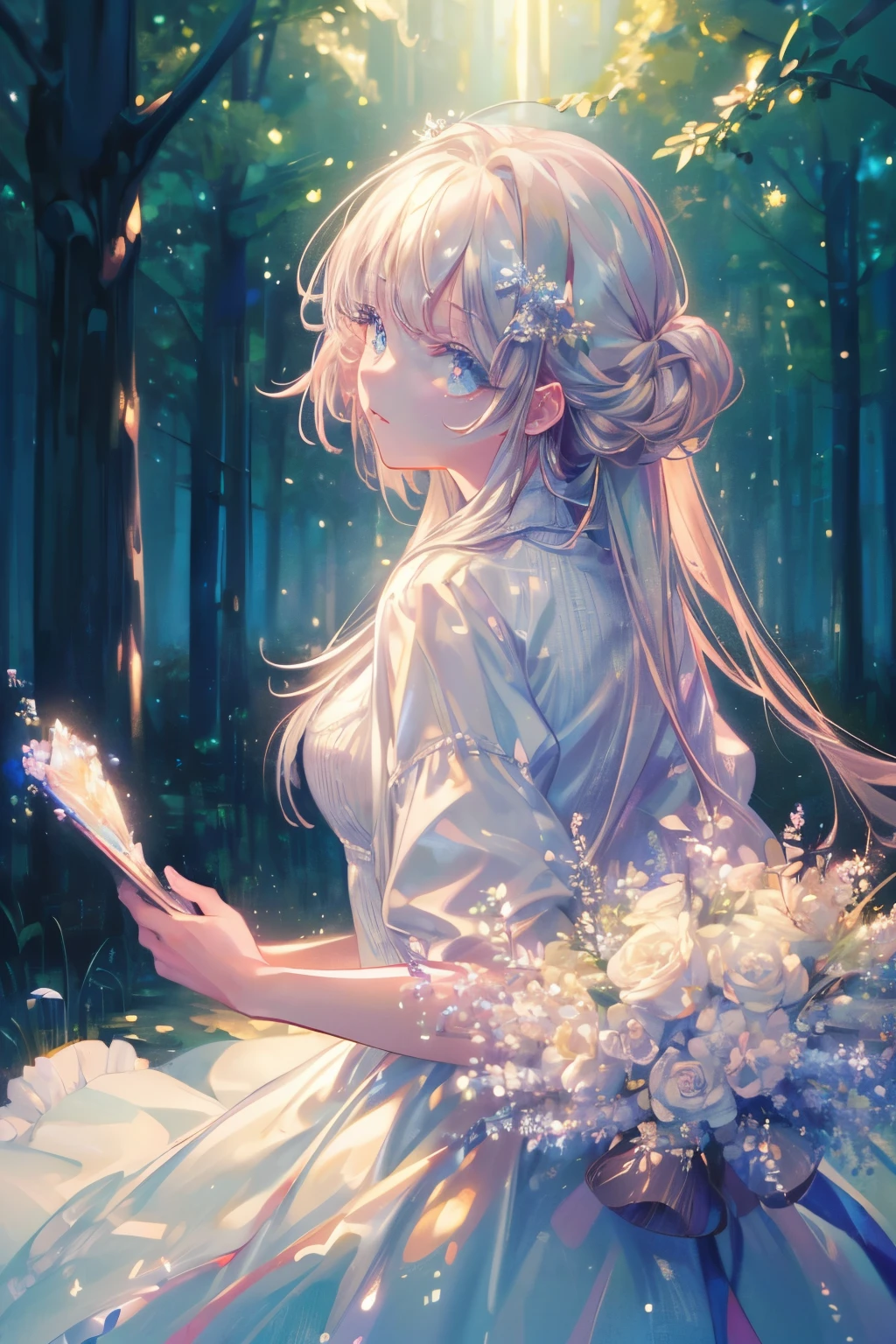 (masterpiece、8k、highest quality)、(Soft Light:1.3), Detailed face, Fine grain, dress, Beautiful digital artwork, landscape, Backlight, Lots of flowers, forest, Sparkling eyes, Winters, warm, warm light, (((masterpiece:1.4))), (highest quality:1.4), (Ultra-high resolution:1.4), (best quality:1.2), (ultra detail:1.3), 16K, 32K