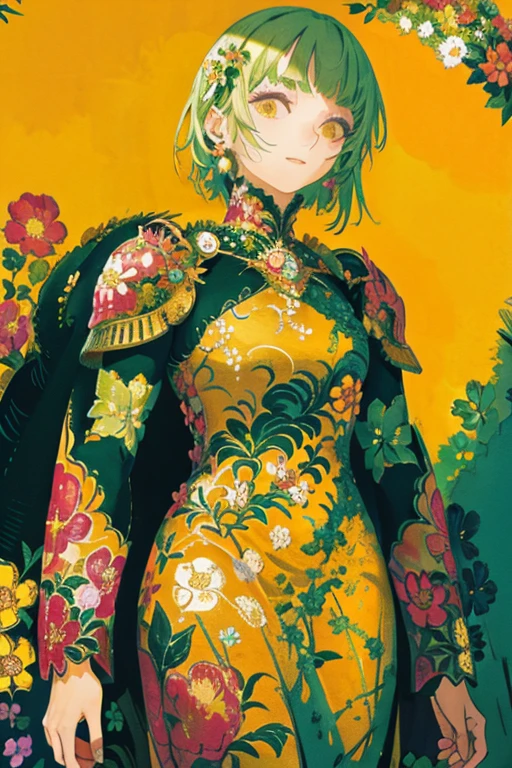 woman, flower dress, colorful, darl background,flower armor,green theme,