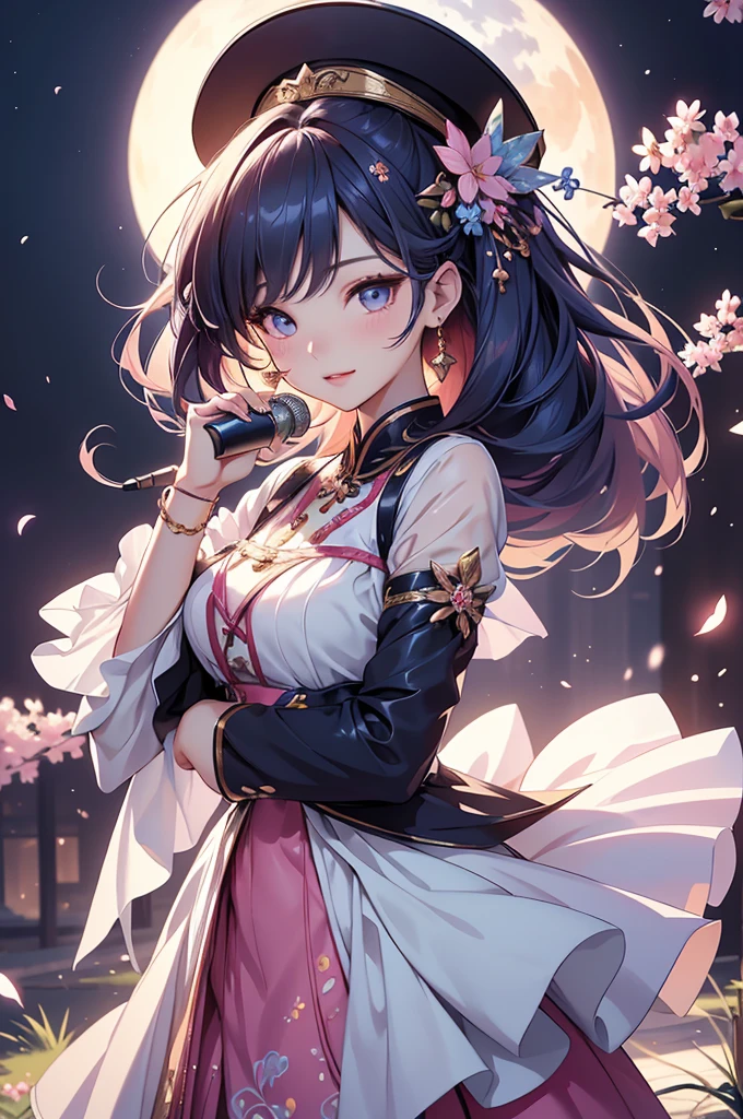 (best quality,4k,8k,highres,masterpiece:1.2),ultra-detailed,(realistic,photorealistic,photo-realistic:1.37),acrylic painting,beautiful Korean model in a ta dress with downy hair,beautiful Korean model with extremely colorful hair and detailed facial features,beautiful Korean model standing in a beautiful garden surrounded by a starry sky,beautiful Korean model wearing a vibrant Loliress,beautiful Korean model with intricate accessories and a matching hat,beautiful Korean model posing gracefully with her hands on her hips,beautiful Korean model with long flowing twintails,beautiful Korean model with bright blue eyes and rosy lips,beautiful Korean model with a joyful expression,beautiful Korean model in a dynamic pose with cherry blossoms falling around her,beautiful Korean model surrounded by colorful flowers and butterflies,beautiful Korean model's dress adorned with cute bows and lace details,beautiful Korean model with an enchanting smile,beautiful Korean model with soft, pastel-colored shading,beautiful Korean model with a magical glow illuminating her,beautiful Korean model in a picturesque setting with a winding path leading to a magnificent castle,beautiful Korean model holding a microphone and singing passionately,beautiful Korean model with a fairytale-like background,beautiful Korean model with a soft, dreamy atmosphere,beautiful Korean model with a subtle bokeh effect,beautiful Korean model standing under a moonlit sky,beautiful Korean model with a warm, golden sunset in the background,beautiful Korean model surrounded by twinkling stars and colorful nebulae,creating an ethereal and captivating artistic masterpiece.