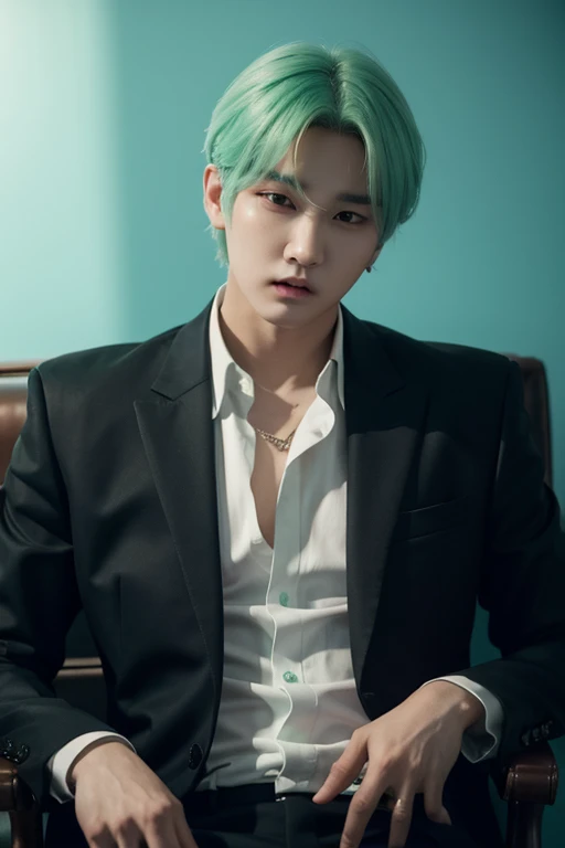 A mint-haired Min Yoongi exuding mafia vibes #### Example prompt: `(best quality,4k,8k,highres,masterpiece:1.2),ultra-detailed,(realistic,photorealistic,photo-realistic:1.37),portrait,close-up` #### Details: - The main subject of the image is Min Yoongi, with mint-colored hair. - He exudes mafia vibes, which can be conveyed through his facial expression, clothing, and overall demeanor. - The image should be of the highest quality, with ultra-detailed features and a realistic and photorealistic appearance. - The focus should be on creating a portrait of Min Yoongi, possibly with a close-up shot to capture his features. - The color palette should emphasize the mint color of his hair, with other complementary colors to enhance the overall aesthetic. - Lighting should be used strategically to enhance the mood and capture the desired mafia vibes. Note: Remember to adhere to the prompt format and avoid adding any unnecessary explanations or sentences. 20 years max