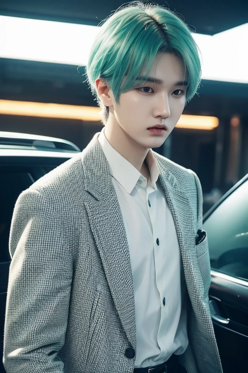 A mint-haired Min Yoongi exuding mafia vibes #### Example prompt: `(best quality,4k,8k,highres,masterpiece:1.2),ultra-detailed,(realistic,photorealistic,photo-realistic:1.37),portrait,close-up` #### Details: - The main subject of the image is Min Yoongi, with mint-colored hair. - He exudes mafia vibes, which can be conveyed through his facial expression, clothing, and overall demeanor. - The image should be of the highest quality, with ultra-detailed features and a realistic and photorealistic appearance. - The focus should be on creating a portrait of Min Yoongi, possibly with a close-up shot to capture his features. - The color palette should emphasize the mint color of his hair, with other complementary colors to enhance the overall aesthetic. - Lighting should be used strategically to enhance the mood and capture the desired mafia vibes. Note: Remember to adhere to the prompt format and avoid adding any unnecessary explanations or sentences. 20 years max