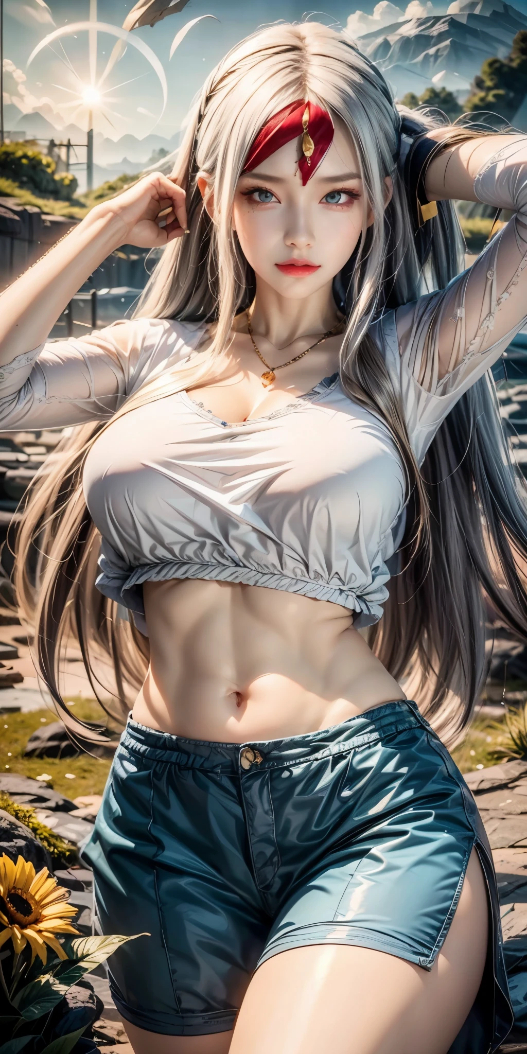 realistic, 1 women, best quality, 12k, HD, long hair, big round breasts, cleavage, ponytail, necklace, jewelry, shorts, short jacket, slim hips, hair tie, yellow eyes, black hair, super detailed, Eye details, hair details, person details, mouth details, face details, breast details, clothes details, hair details, pants details, hand details, whole body