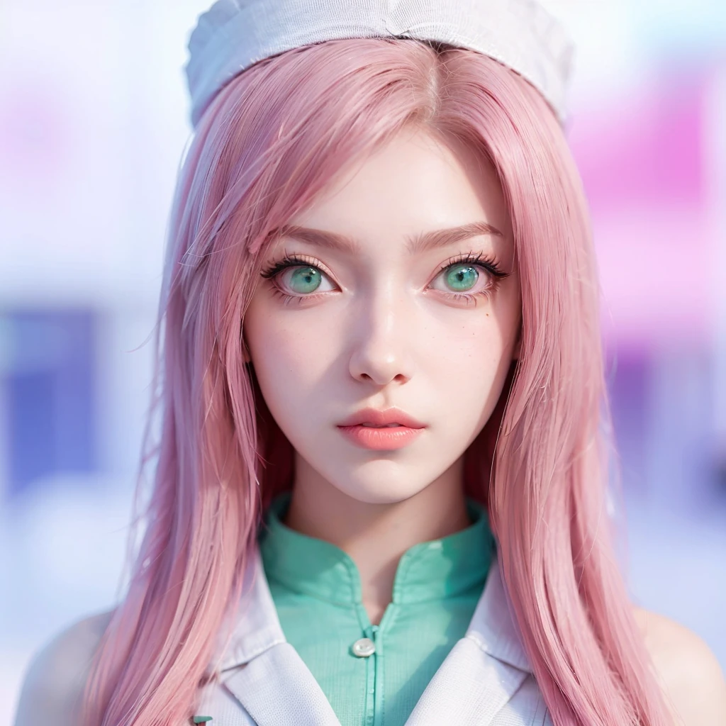young woman, short shoulder-length pink hair, wide forehead, porcelain skin, pink eyebrows, big emerald green eyes, buttoned nose, full lips, heart-shaped face, slender body, small breasts, red tank top, Sakura Haruno , realistic, realism, details, 3d, well detailed