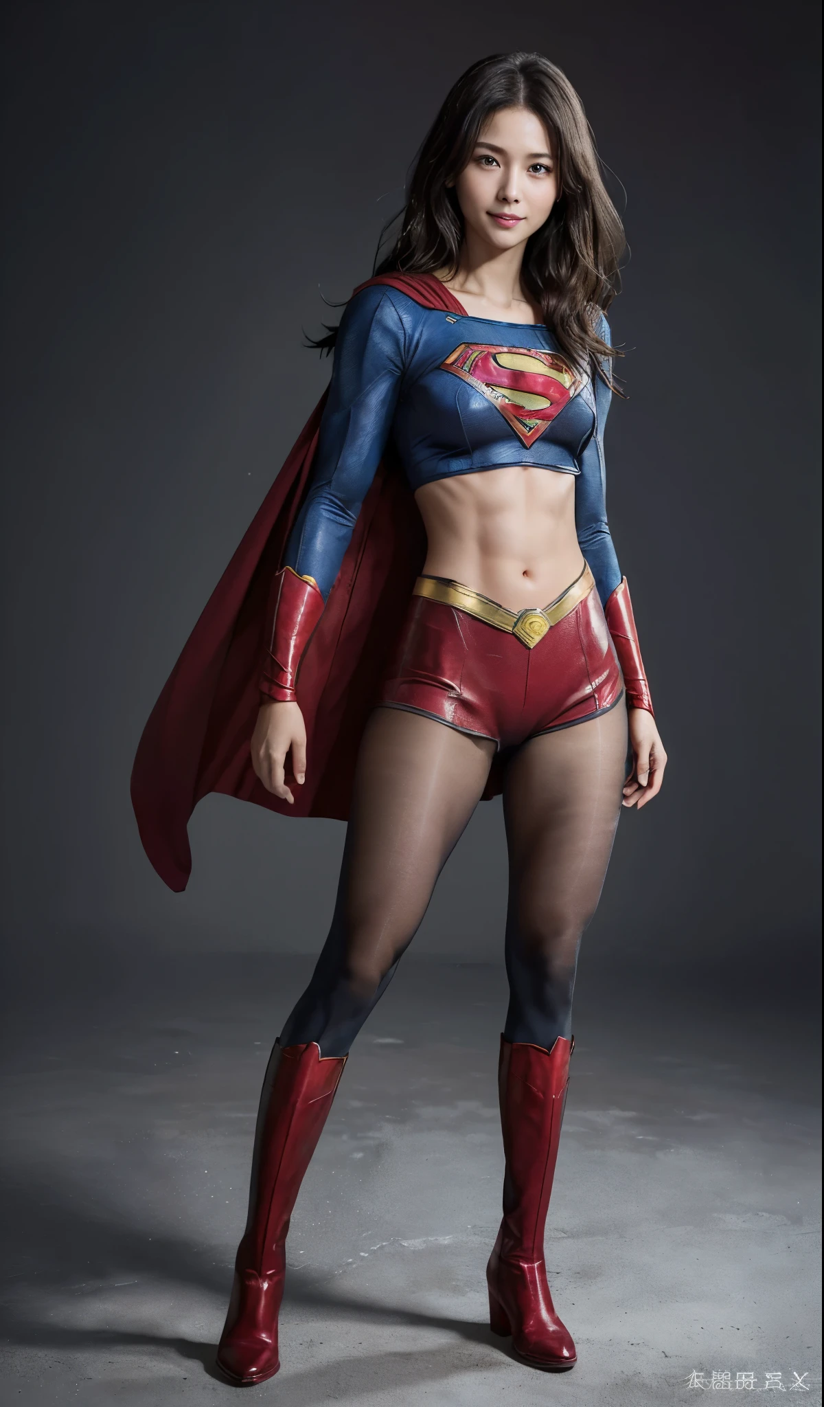 No background、(((Beautiful legs in black tights.)))、(((Legally express the beauty of your smile)))、((((Make the most of your original images)))、(((Supergirl Costume)))、(((Beautiful Hair)))、(((suffering)))、(((Please wear black tights....、Wear red boots)))、((Best image quality、8k))、((highest quality、8k、masterpiece:1.3))、(((Preserve background )))、Sharp focus:1.2、Beautiful woman with perfect figure:1.4、Slim Abs:1.2、Wet body:1.5、Highly detailed face and skin texture、8k