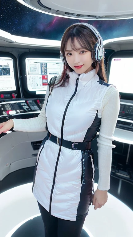 ​masterpiece:1.4, masterpiece,best quality,1girl,BREAK (portrait shot):100,(lower body):100,BREAK one girl in ((20yr old)), instagrammer pose,idol girl, dynamic pose,(astrovest):2,floating:20,jumping:20,(white shiny downves):5,(white puffer vest):5,(black tights),(black long sleeves):2,black belt ,smartwatch,huge breast,wears a tight futuristic latex silver and black and white bodysuit,(white boots),astrovest, de pele branca,beautiful face ,smile,japanese girl,dark brown 
hair,huge-breasted, long hair, Perfect model body, Blue eyes:1.4, Wearing headphones, Flirting, Happy,  Looking out the window of the futuristic sci-fi space station,While admiring the beautiful galaxy:1.2, BREAK SF control room on night background:1.1, Neon and energetic atmosphere:1.2 ((Galaxy)) ,((Solo:1.6)),futuristic space station background,inside space craft,Futuristic room,neotech,JeeSoo 