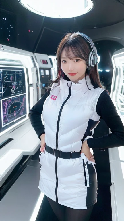 masterpiece:1.4, masterpiece,best quality,1girl,BREAK (portrait shot):100,(lower body):100,BREAK one girl in ((20yr old)), instagrammer pose,idol girl, dynamic pose,(astrovest):2,floating:20,jumping:20,(white shiny downves):5,(white puffer vest):5,(black tights),(black long sleeves):2,black belt ,smartwatch,huge breast,wears a tight futuristic latex silver and black and white bodysuit,(white boots),astrovest, de pele branca,beautiful face ,smile,japanese girl,dark brown
hair,huge-breasted, long hair, Perfect model body, Blue eyes:1.4, Wearing headphones, Flirting, Happy, Looking out the window of the futuristic sci-fi space station,While admiring the beautiful galaxy:1.2, BREAK SF control room on night background:1.1, Neon and energetic atmosphere:1.2 ((Galaxy)) ,((Solo:1.6)),futuristic space station background,inside space craft,Futuristic room,neotech,JeeSoo
