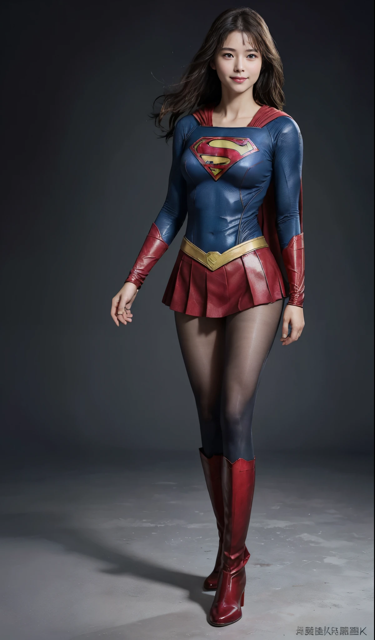 No background、(((Beautiful legs in black tights.)))、(((Legally express the beauty of your smile)))、((((Make the most of your original images)))、(((Supergirl Costume)))、(((Beautiful Hair)))、(((suffering)))、(((Please wear black tights....、Wear red boots)))、((Best image quality、8k))、((highest quality、8k、masterpiece:1.3))、(((Preserve background )))、Sharp focus:1.2、Beautiful woman with perfect figure:1.4、Slim Abs:1.2、Wet body:1.5、Highly detailed face and skin texture、8k