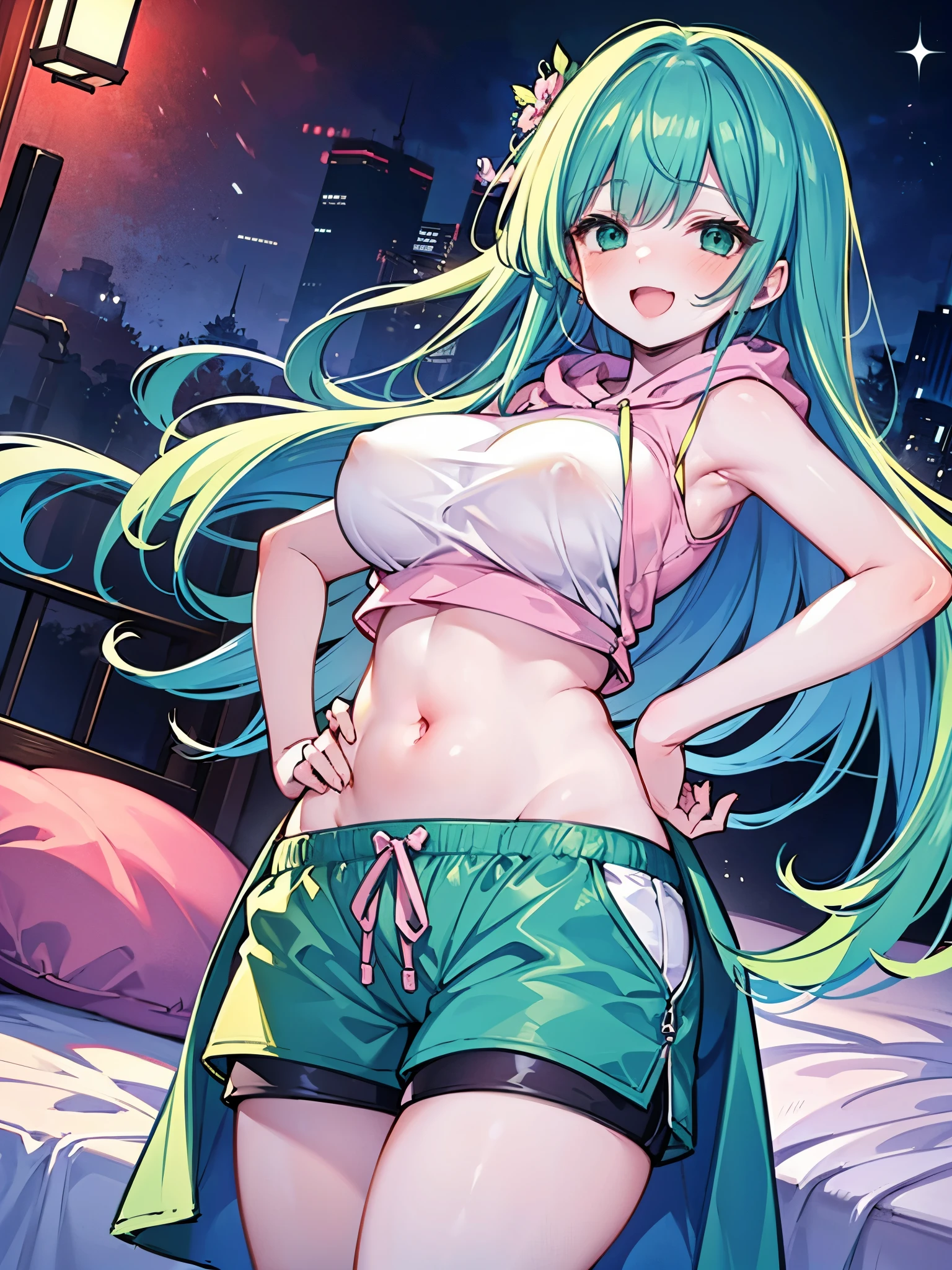 Second Dimension、pretty girl、sister、smile、Light blue hair、sit、front、bed、Large waist circumference、Chubby、Place hands on hips、chest、Shorts、Pink hoodie、Midriff、belly button、Open your mouth、Green Eyes、Long Hair、Light blue hair、Dark Room