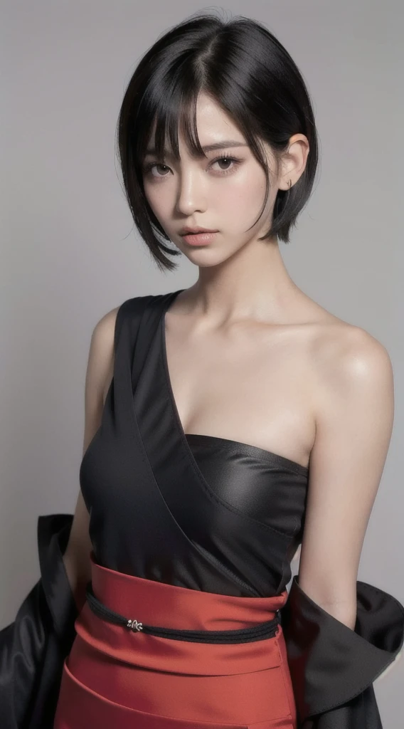 1girl, solo, breasts, looking at viewer, short hair, bangs, simple background, black hair, white background, hair between eyes, bare shoulders, closed mouth, collarbone, upper body, japanese clothes, kimono, black eyes, lips, spiked hair, genderswap, genderswap (mtf)