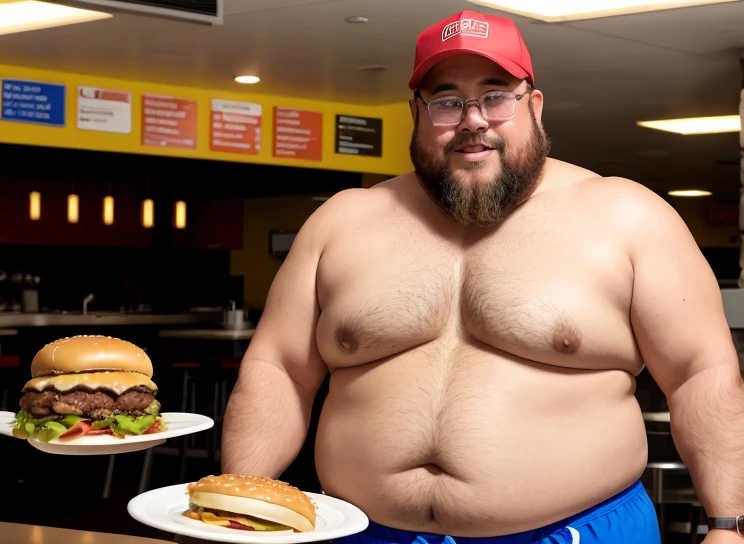 Only plump, chubby, extremely thick thighs, large belly, wearing only red swim trunks, Homem velho  56 anos tem uma barba Grande levemente grisalho, he is working inside a cafeteria preparing hamburgers, serving burger to customer. He is holding a plate with a burger and fries in his hands. He wears glasses.