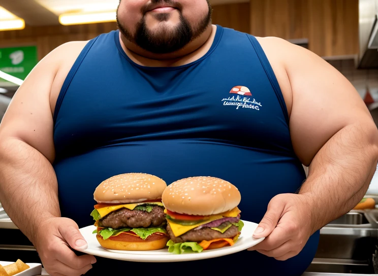 Only plump, chubby, extremely thick thighs, large belly, wearing only red swim trunks, Homem velho 56 anos tem uma barba Grande levemente grisalho, he is working inside a cafeteria preparing hamburgers, serving burger to customer. He is holding a plate with a burger and fries in his hands. He wears glasses.