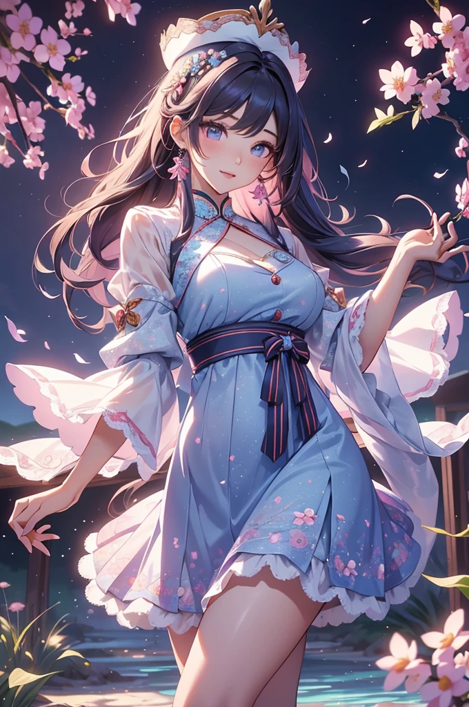 (best quality,4k,8k,highres,masterpiece:1.2),ultra-detailed,(realistic,photorealistic,photo-realistic:1.37),acrylic painting,beautiful Korean model in a ta dress with downy hair,beautiful Korean model with extremely colorful hair and detailed facial features,beautiful Korean model standing in a beautiful garden surrounded by a starry sky,beautiful Korean model wearing a vibrant Loliress,beautiful Korean model with intricate accessories and a matching hat,beautiful Korean model posing gracefully with her hands on her hips,beautiful Korean model with long flowing twintails,beautiful Korean model with bright blue eyes and rosy lips,beautiful Korean model with a joyful expression,beautiful Korean model in a dynamic pose with cherry blossoms falling around her,beautiful Korean model surrounded by colorful flowers and butterflies,beautiful Korean model's dress adorned with cute bows and lace details,beautiful Korean model with an enchanting smile,beautiful Korean model with soft, pastel-colored shading,beautiful Korean model with a magical glow illuminating her,beautiful Korean model in a picturesque setting with a winding path leading to a magnificent castle,beautiful Korean model holding a microphone and singing passionately,beautiful Korean model with a fairytale-like background,beautiful Korean model with a soft, dreamy atmosphere,beautiful Korean model with a subtle bokeh effect,beautiful Korean model standing under a moonlit sky,beautiful Korean model with a warm, golden sunset in the background,beautiful Korean model surrounded by twinkling stars and colorful nebulae,creating an ethereal and captivating artistic masterpiece.