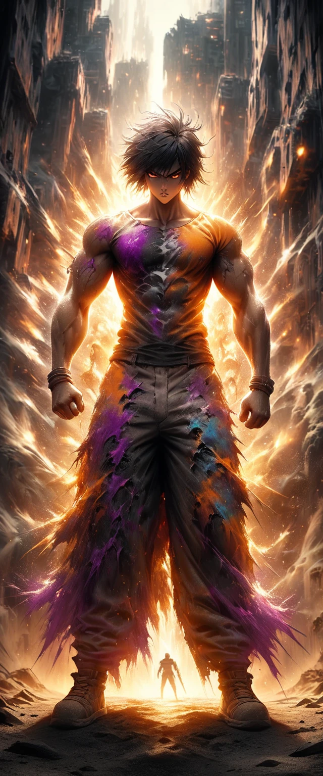 dark and torn, ung beautiful muscular body, fierce expression, holding a gun, (colors on her clothes, warm, orange, yellow, violet:1.3), standing on a desolate wasteland, dramatic lighting, intense shadows, sandy texture, tall contrast, vibrant colors, dynamic pose, powerful stance, rugged background, explosive atmosphere, dystopian theme, surreal elements, digitally painted illustration, HD resolution, intricate details, dramatic composition, avant-garde and chaotic brush strokes, gothic style, intense emotions, epic scale, raw and gritty feel, captivating and provocative artwork.
