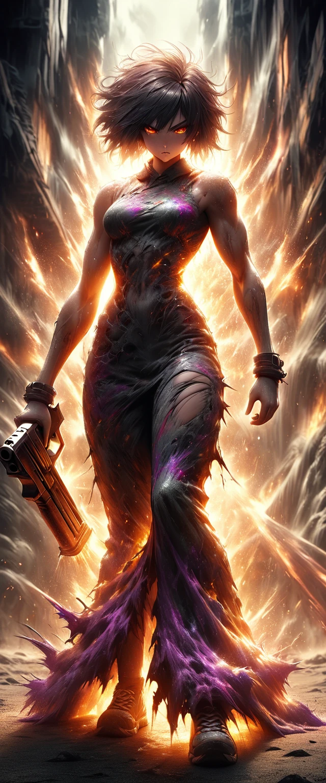 dark and torn, 1 young beautiful muscular body, fierce expression, holding a gun, (colors on her clothes, warm, orange, yellow, violet:1.3), standing on a desolate wasteland, dramatic lighting, intense shadows, sandy texture, tall contrast, vibrant colors, dynamic pose, powerful stance, rugged background, explosive atmosphere, dystopian theme, surreal elements, digitally painted illustration, HD resolution, intricate details, dramatic composition, avant-garde and chaotic brush strokes, gothic style, intense emotions, epic scale, raw and gritty feel, captivating and provocative artwork.