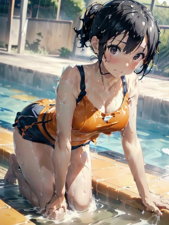 (Dripping wet with slippery lotion:1.5),(Orange swimsuit((Orange camisole)),Navy blue piping),(Navy blue shorts),Black Hair,(Water playground in the park:1.2),(Leaning forward pose:1.4),