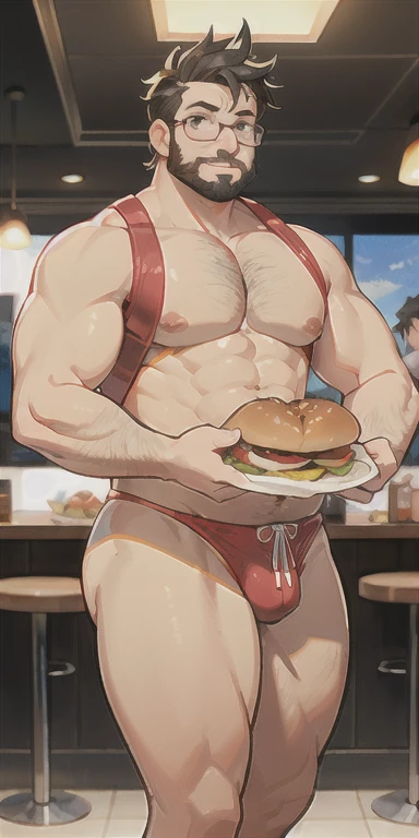 Only plump, chubby, extremely thick thighs, large belly, wearing only red swim trunks, Homem velho 56 anos tem uma barba Grande levemente grisalho, he is working inside a cafeteria preparing hamburgers, serving burger to customer. He is holding a plate with a burger and fries in his hands. He wears glasses.