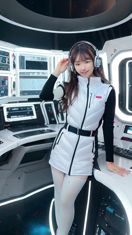 ​masterpiece:1.4, masterpiece,best quality,1girl,BREAK (portrait shot):100,(lower body):100,BREAK one girl in ((20yr old)), instagrammer pose,idol girl, dynamic pose,(astrovest):2,floating:20,jumping:20,(white shiny downves):5,(white puffer vest):5,(black tights),(black long sleeves):2,black belt ,smartwatch,huge breast,wears a tight futuristic latex silver and black and white bodysuit,(white boots),astrovest, de pele branca,beautiful face ,smile,japanese girl,dark brown 
hair,huge-breasted, long hair, Perfect model body, Blue eyes:1.4, Wearing headphones, Flirting, Happy,  Looking out the window of the futuristic sci-fi space station,While admiring the beautiful galaxy:1.2, BREAK SF control room on night background:1.1, Neon and energetic atmosphere:1.2 ((Galaxy)) ,((Solo:1.6)),futuristic space station background,inside space craft,Futuristic room,neotech,JeeSoo 