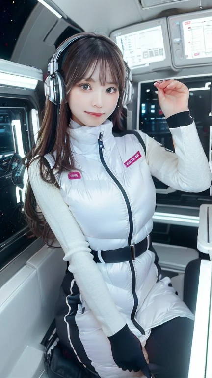 masterpiece:1.4, masterpiece,best quality,1girl,BREAK (portrait shot):100,(lower body):100,BREAK one girl in ((20yr old)), instagrammer pose,idol girl, dynamic pose,(astrovest):2,floating:20,jumping:20,(white shiny downves):5,(white puffer vest):5,(black tights),(black long sleeves):2,black belt ,smartwatch,huge breast,wears a tight futuristic latex silver and black and white bodysuit,(white boots),astrovest, de pele branca,beautiful face ,smile,japanese girl,dark brown
hair,huge-breasted, long hair, Perfect model body, Blue eyes:1.4, Wearing headphones, Flirting, Happy, Looking out the window of the futuristic sci-fi space station,While admiring the beautiful galaxy:1.2, BREAK SF control room on night background:1.1, Neon and energetic atmosphere:1.2 ((Galaxy)) ,((Solo:1.6)),futuristic space station background,inside space craft,Futuristic room,neotech,JeeSoo
